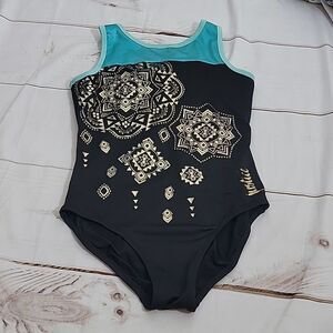 𝅺justice Active Girls size 14 Leotard Cute Criss Cross Back and Beautiful Gold